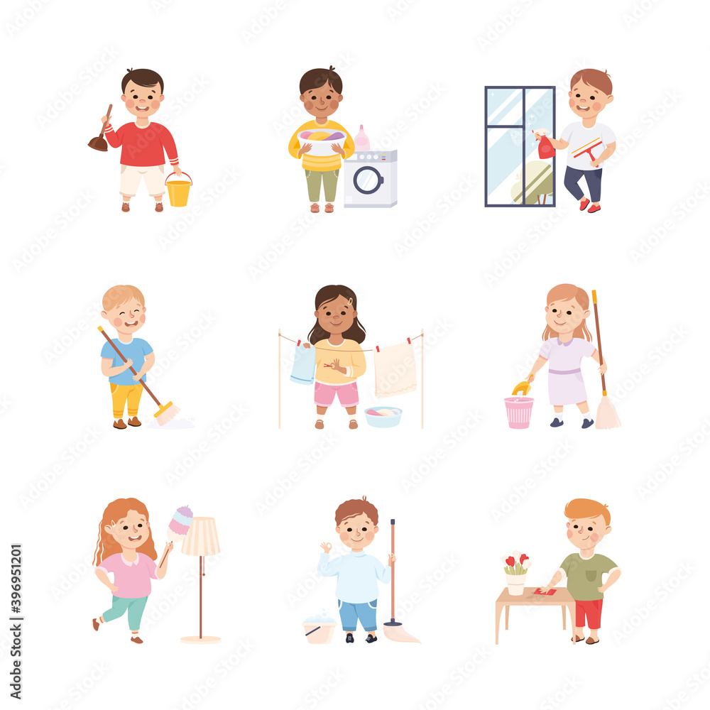 Kid Helping their Parents with Housework Set, Boys and Girls Doing Household Chores, Cleaning Window, Doing Laundry, Sweeping Floor Cartoon Style Vector Illustration Kid Helping their Parents with Housework Set, Boys and Girls Doing Household Chores, Cleaning Window, Doing Laundry, Sweeping Floor Cartoon Style Vector Illustration