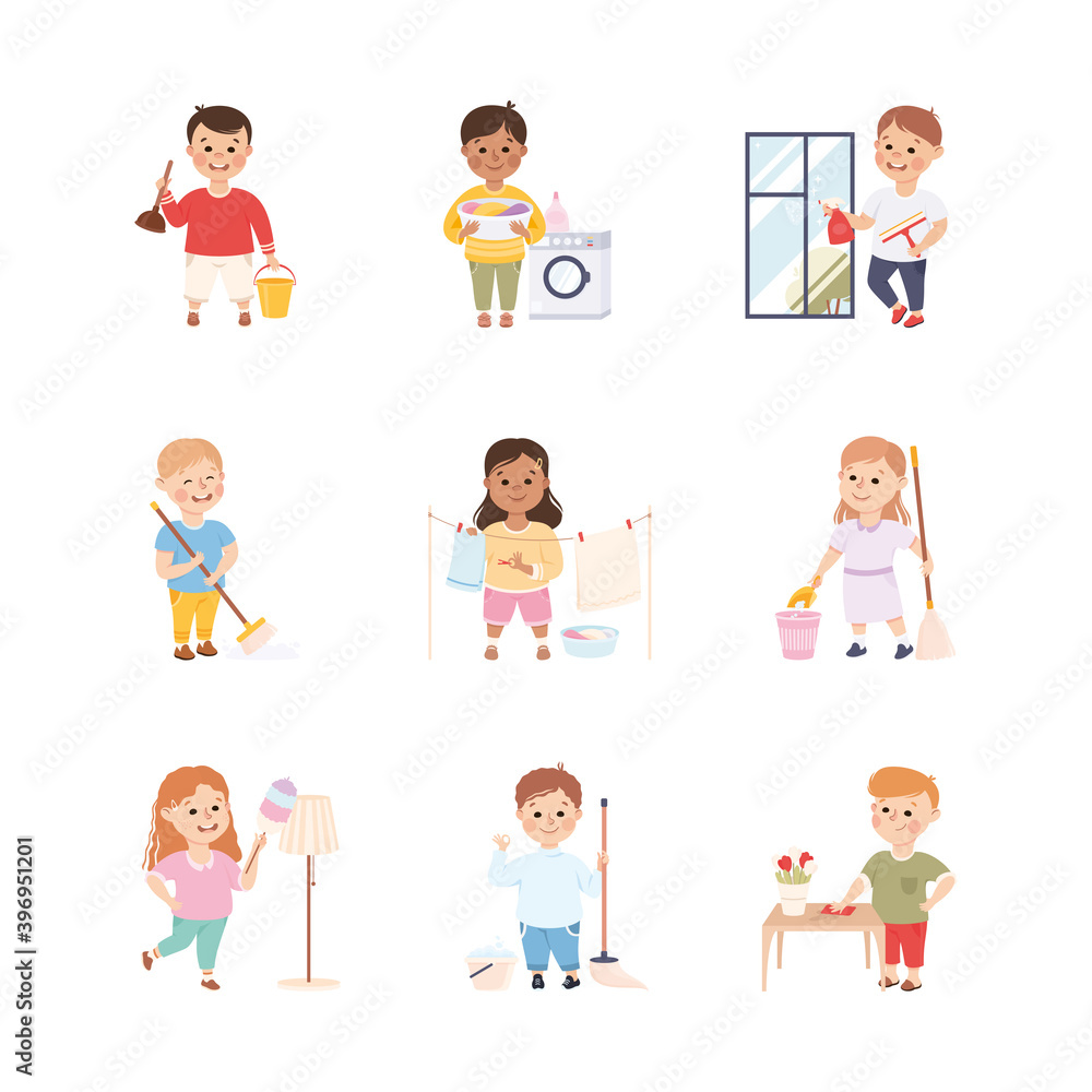 Kid Helping their Parents with Housework Set, Boys and Girls Doing Household Chores, Cleaning Window, Doing Laundry, Sweeping Floor Cartoon Style Vector Illustration