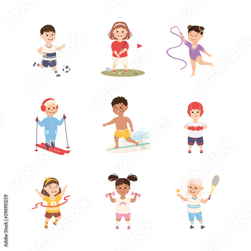 Kids Playing Various Sports Set, Boys and Girls Skiing, Surfboarding, Running, Playing Tennis, Soccer, Active Healthy Lifestyle Concept Cartoon Style Vector Illustration
