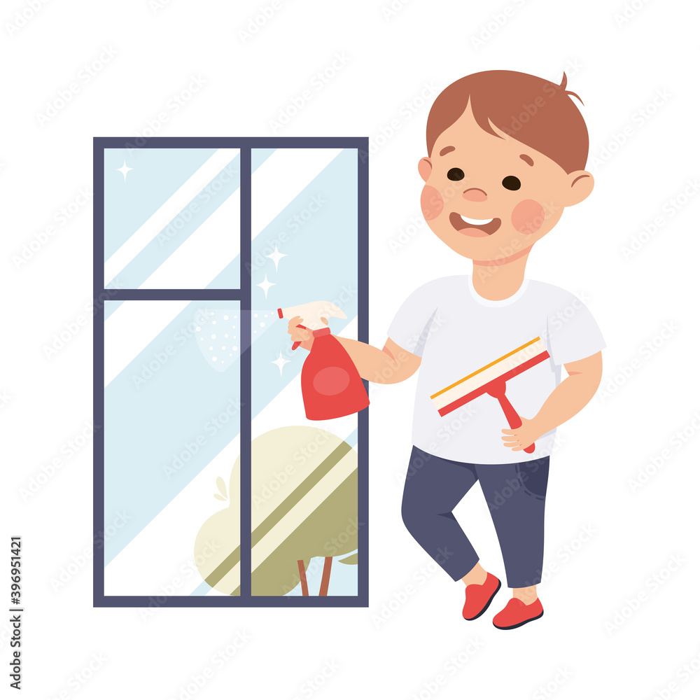 Cute Boy Cleaning Window, Kid Helping his Parents with Housework or Doing Household Chores Cartoon Style Vector Illustration Cute Boy Cleaning Window, Kid Helping his Parents with Housework or Doing Household Chores Cartoon Style Vector Illustration