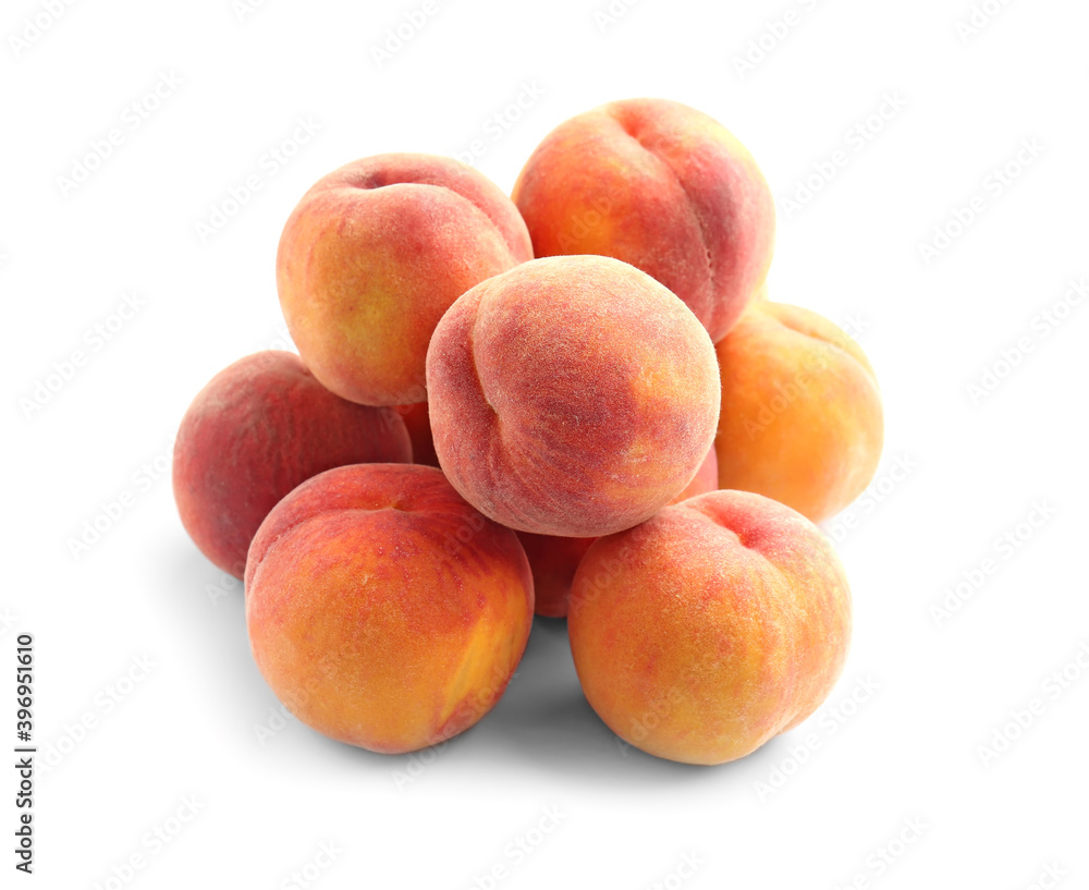 Sweet ripe peaches on white background Sweet ripe peaches on white background