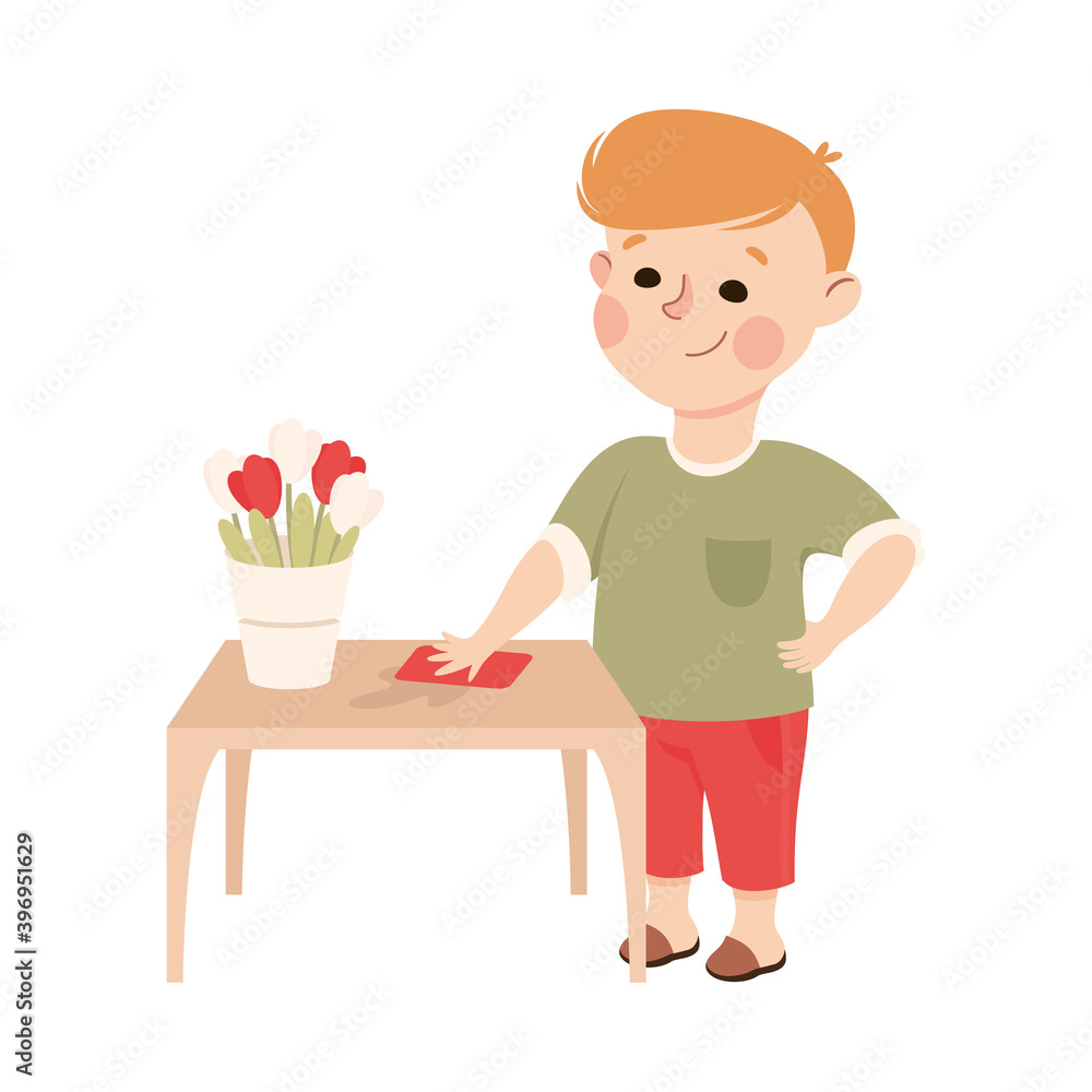 Cute Boy Wiping Dust From Table, Kid Helping his Parents with Housework or Doing Household Chores Cartoon Style Vector Illustration Cute Boy Wiping Dust From Table, Kid Helping his Parents with Housework or Doing Household Chores Cartoon Style Vector Illustration