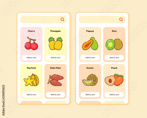 fruit store ui or ux design for mobile apps template screen design with some fruit list like cherry pineapple starfruit with flat outline style