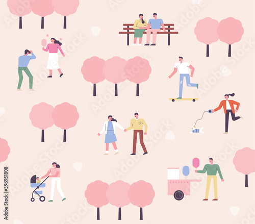 People enjoying the spring park in full bloom with pink cherry blossoms. flat design style minimal vector illustration.