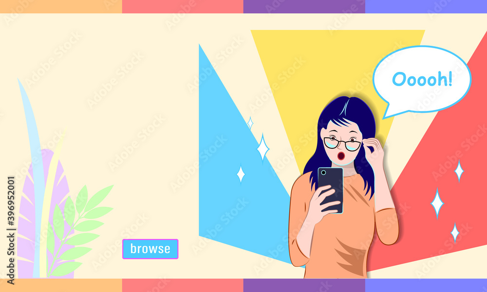 Woman in glasses is surprised and looks at her phone Woman in glasses is surprised and looks at her phone