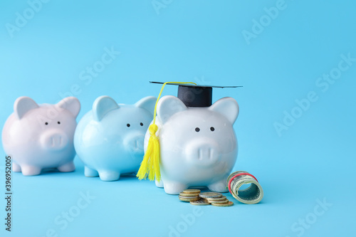 Three piggy banks and money on color background. Tuition fees concept