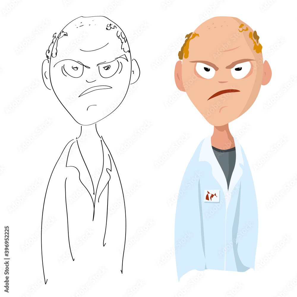 Vector cartoon portrait of a disgruntled angry male lab assistant