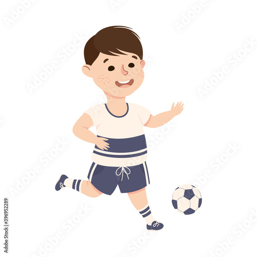 Cute Boy Playing Soccer  Kid Doing Sports  Active Healthy Lifestyle Concept Cartoon Style Vector Illustration