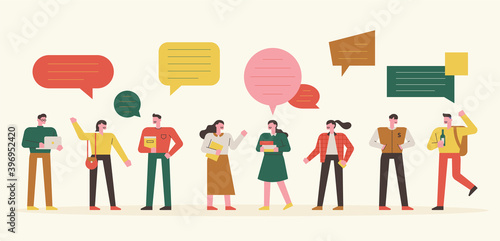 Students are standing in a line. They greet their friends and have a conversation. flat design style minimal vector illustration.