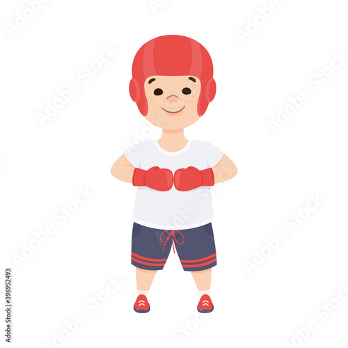 Cute Boy Athlete Practicing Box, Kid Doing Sports, Active Healthy Lifestyle Concept Cartoon Style Vector Illustration