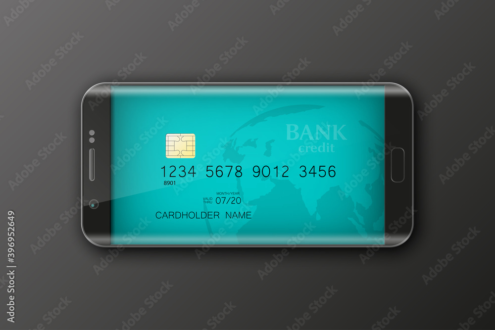 Smartphone banner & credit card. Advertising promo poster phone & bank card icon. Communicator PDA Electronic money funds transfer. Plastic card software. Update banking icon. Debit card with chip
