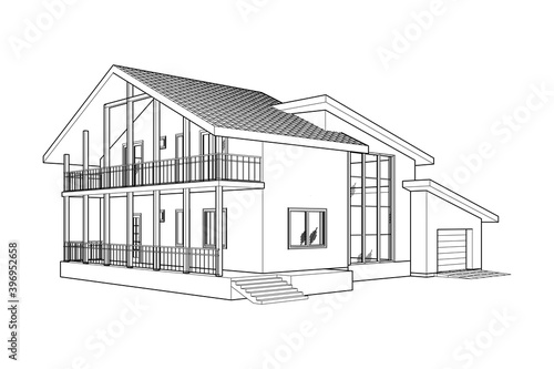 3D suburban house model. Drawing of the modern building. Cottage project on white background. Interesting vector blueprint.