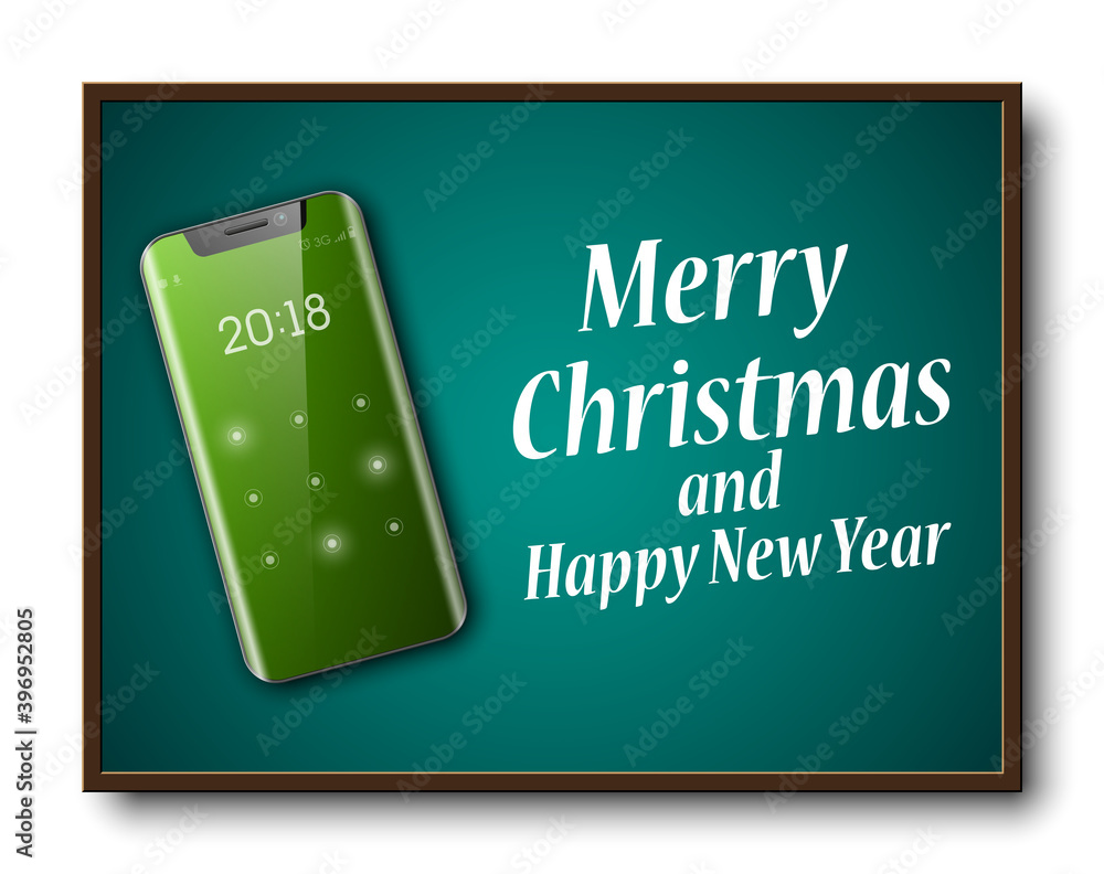 Greeting card Merry Christmas and Happy New Year holiday cellular telephone banner. Festive card congratulation Christmas holiday new model mobile phone, smartphone icon on school board, communicator Greeting card Merry Christmas and Happy New Year holiday cellular telephone banner. Festive card congratulation Christmas holiday new model mobile phone, smartphone icon on school board, communicator