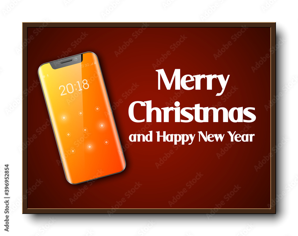 Greeting card Merry Christmas and Happy New Year holiday cellular telephone banner. Festive card congratulation Christmas holiday new model mobile phone, smartphone icon on school board, communicator