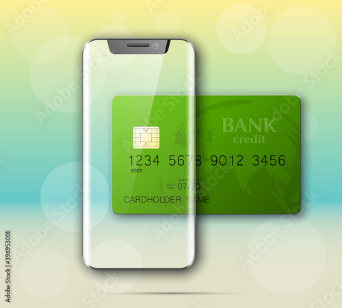 Smartphone & credit card banner. Advertising promo poster phone bank card icon. Communicator PDA Electronic money funds transfer. Plastic card phone software. Update banking icon. Debit bank card chip