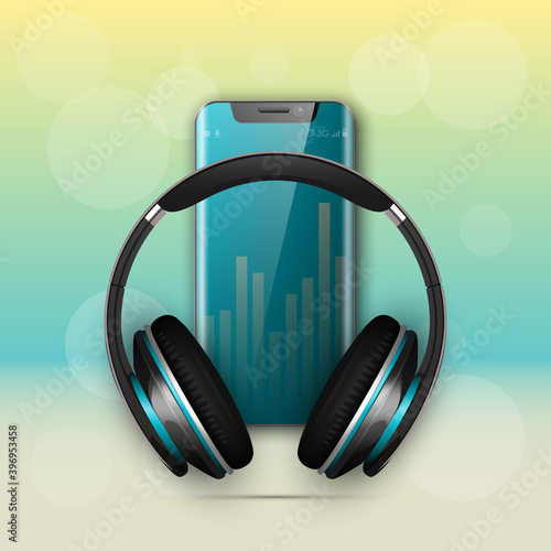 Image headphones on smartphone latest model background. Device for listening music on phone latest model background. Color stereo headphone for listening audio from phone. Banner earphones music party