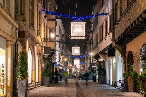 Evening street in Strassbourg  France  Christmas decoration and lights