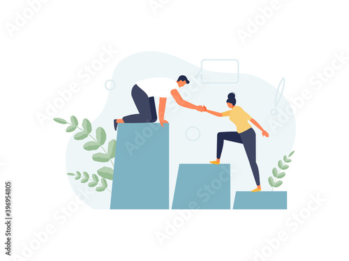 Business man helps his colleague in her career and work. Teamwork and partnership, promotion vector illustration