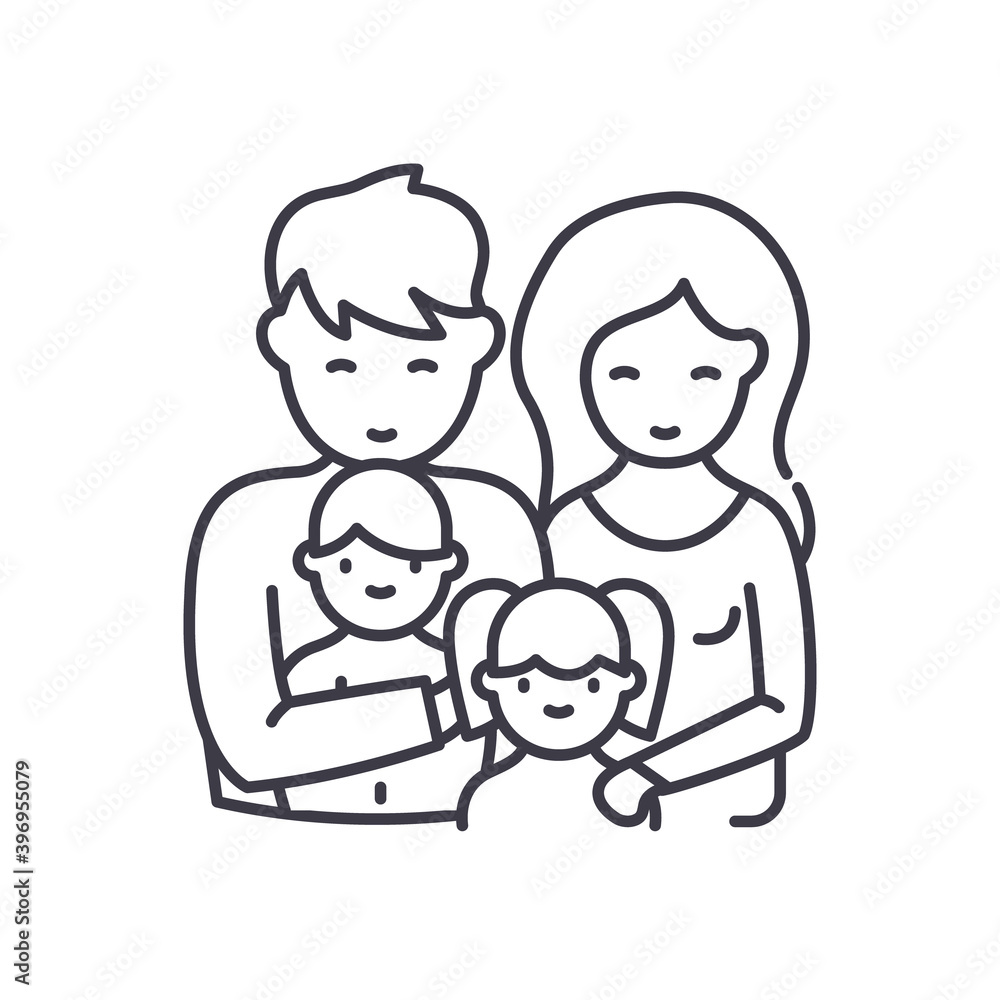 Mother, father and kids icon, linear isolated illustration, thin line vector, web design sign, outline concept symbol with editable stroke on white background. Mother, father and kids icon, linear isolated illustration, thin line vector, web design sign, outline concept symbol with editable stroke on white background.
