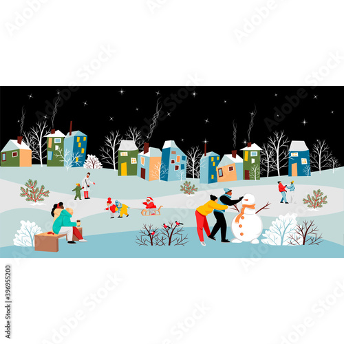 urban landscape. people walk in winter. night city. vector image of people in winter