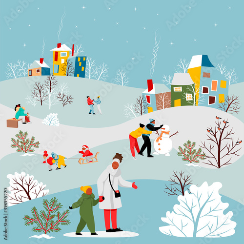 winter city landscape. people walk in the Park in winter. vector image of people in winter
