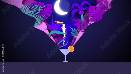 Enjoying a cocktail at the beachfront tropical bar. Tropical night with sea, palms, boat and moon. Vacation concept. Flat design motion graphics. 4K UHD
