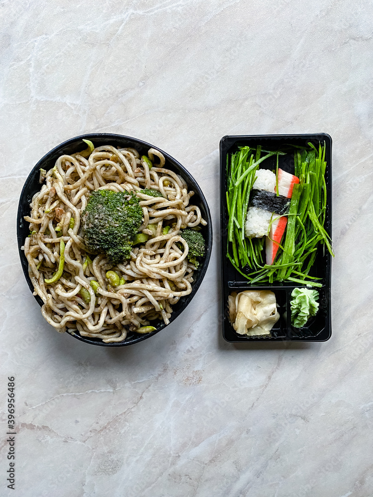 Vegetarian or Vegan Midori Noodle and Take Away Sushi Kani Nigiri