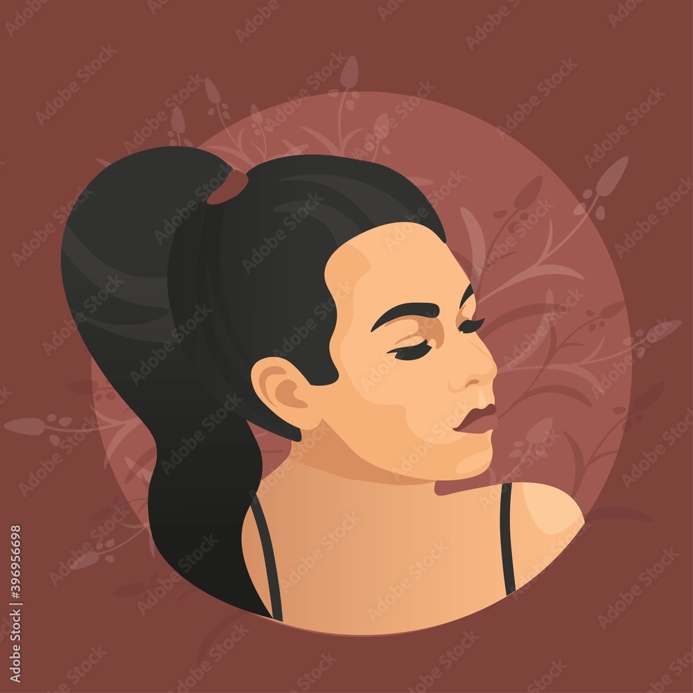 vector illustration portrait of beautiful girl with tail hair. fashion illustration woman with red lips and long eyelashes on a floral background. vector illustration portrait of beautiful girl with tail hair. fashion illustration woman with red lips and long eyelashes on a floral background.