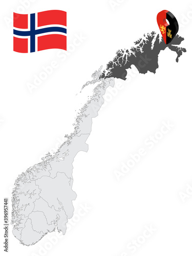 Location Troms and Finnmark County on map Norway. 3d location sign similar to the flag of  Troms and Finnmark. Quality map  with regions of  Norway for your design. EPS10. photo
