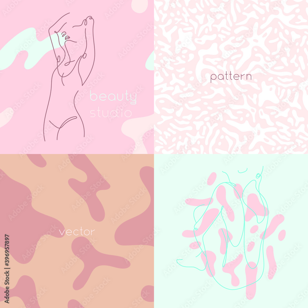 Body care insignia. Beauty studio logo design in trendy soft hue. Vector feminine symbol design template minimal line style. Abstract animal skin pattern. Pink seamless background for cosmetic label.
