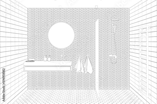 Sketch of a bathroom with a round mirror over a washbasin, with two terry towels, a partition, a shower, a heated towel rail. Front view. 3d render