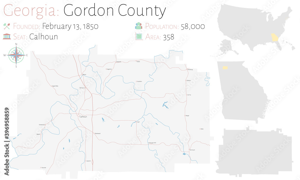 Large and detailed map of Gordon county in Georgia, USA.
