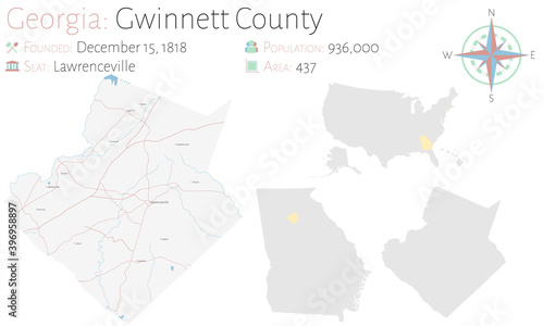 Large and detailed map of Gwinnett county in Georgia, USA.
