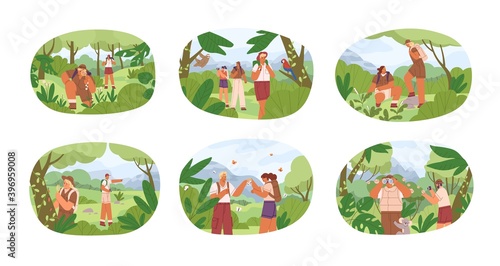 Set of different people exploring nature vector flat illustration. Collection of man and woman explorers contemplate to animals, plants isolated on white. Researchers use binocular and magnifier