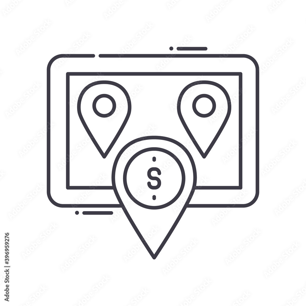 Money place mark icon, linear isolated illustration, thin line vector, web design sign, outline concept symbol with editable stroke on white background. Money place mark icon, linear isolated illustration, thin line vector, web design sign, outline concept symbol with editable stroke on white background.