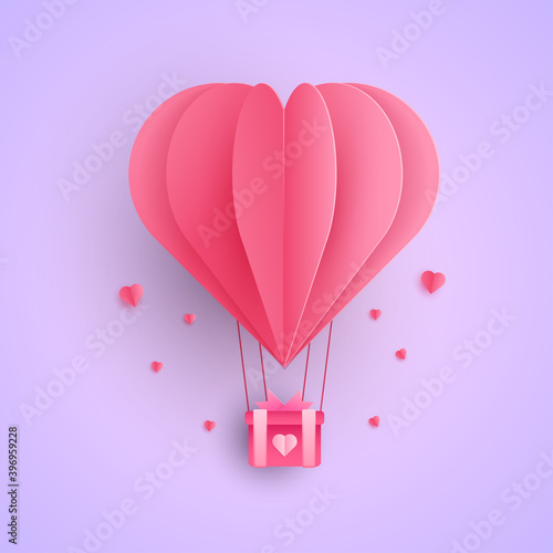 Love is in the air typography for valentines day with paper cut red heart shape balloon flying and hearts decorations. Vector illustration.