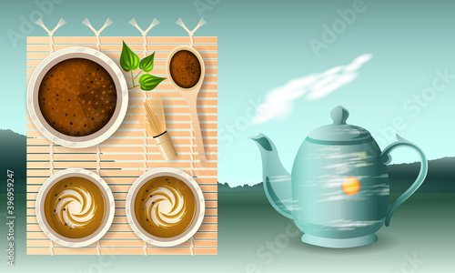 Tea latte with milk in cups on bamboo mat