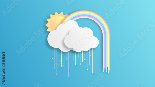 Abstract Rainbow in the rainy season. Paper art design for clouds, sun and rainbow. paper cut and craft design. vector