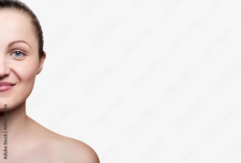 Portrait of pretty smiling woman with nude make up isolated on white background, copy space. Girl with clean healthy skin, beauty model. Portrait of pretty smiling woman with nude make up isolated on white background, copy space. Girl with clean healthy skin, beauty model.