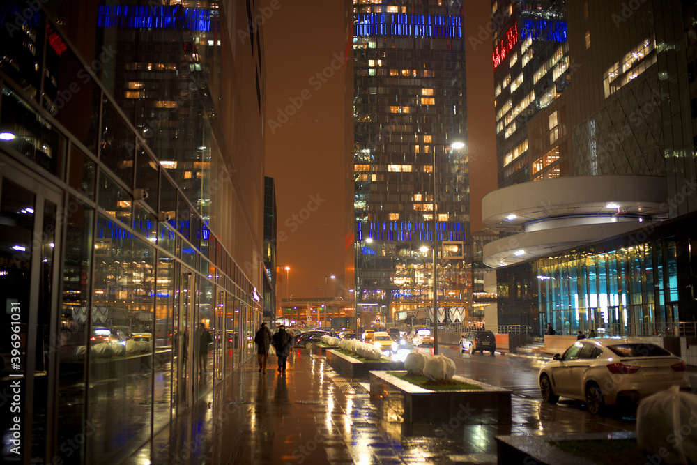 Night view of Moscow, the capital of Russia. Moscow International Business Center Moscow City. Rain in the night city.