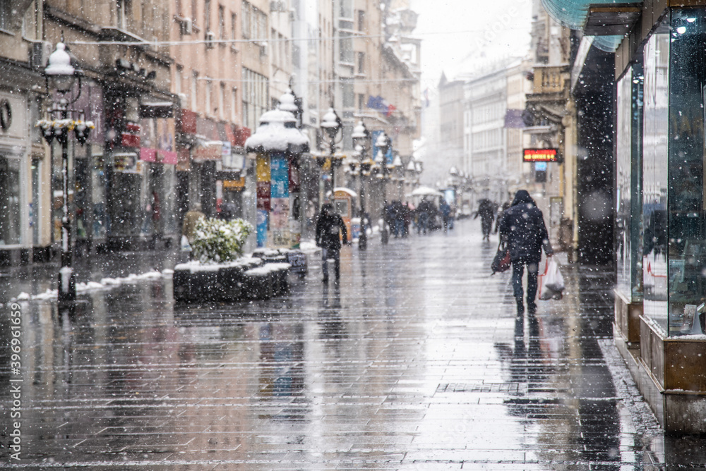 Empty streets of belgrade on a snowy day during city lockdown caused by corona virus covid-19 pandemic. Belgrade, Serbia 