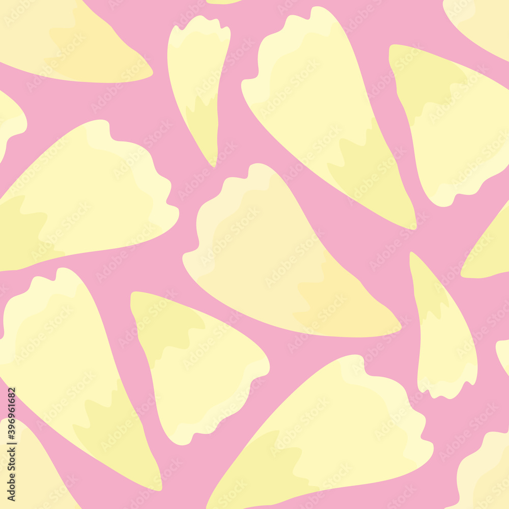 Beautiful spring blossoms and leaves seamless vector pattern background. Yellow delicate petals and foliage on pink backdrop. Floral botanical illustration. Decorative all over print