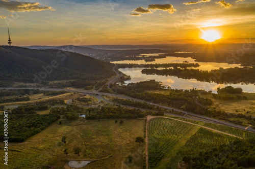 Aerial view of Molonglo River from the national arboretum in Canberra  the Capital City of Australia during an early morning sunrise 