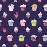 Seamless background with different cupcakes hand-drawn in Doodle style. Vector pattern with muffins on a dark background