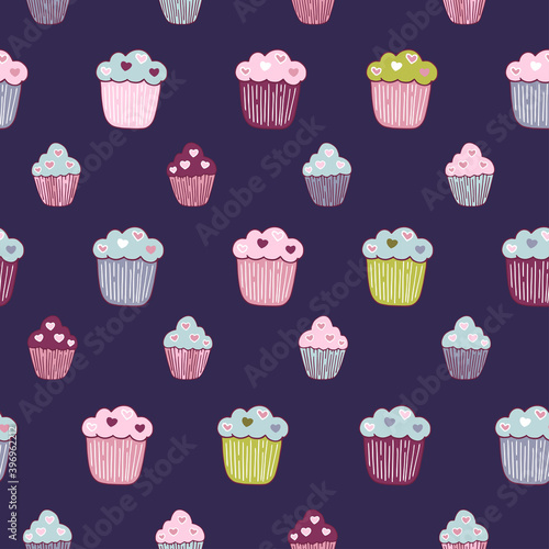 Seamless background with different cupcakes hand-drawn in Doodle style. Vector pattern with muffins on a dark background