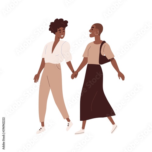 Cute homosexual couple walking together isolated on white. Colorful scene with stylish african american lesbian women on a date. Happy lgbt family. Vector illustration in flat cartoon style.