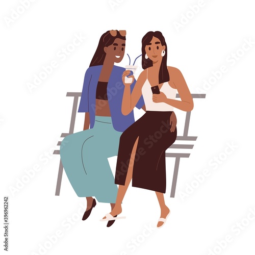 Cute homosexual couple on a date outdoors. Romantic lesbian women sitting on bench together. Colorful scene with happy lgbt family isolated on white. Vector illustration in flat cartoon style