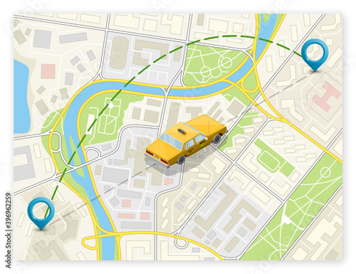 Yellow cab banner isometric. Online navigation application order taxi service. Isometry car 3d isometric route banner. 3D taxi classic vehicle itinerary road. Get a taxi online phone application