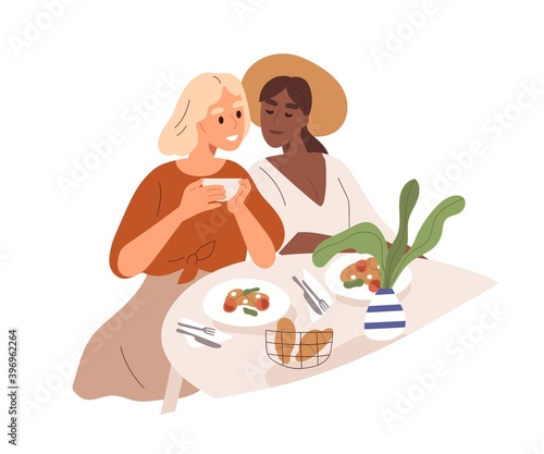 Cute multiracial lesbian couple have a date at cafe. Homosexual women cuddling and having breakfast. Romantic scene with lgbt family. Flat vector cartoon illustration isolated on white background