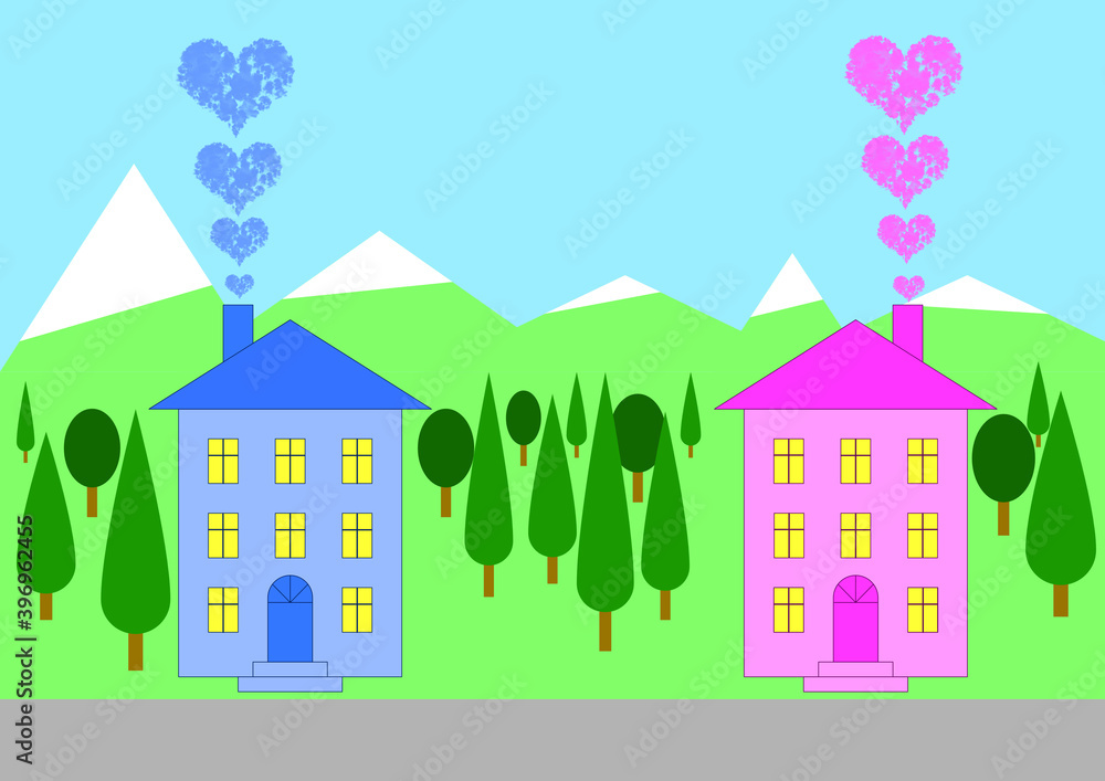 Dans un paysage de montagne deux maisons, une bleue l'autre rose, s'échangent des messages d'amour par des signaux de fumée